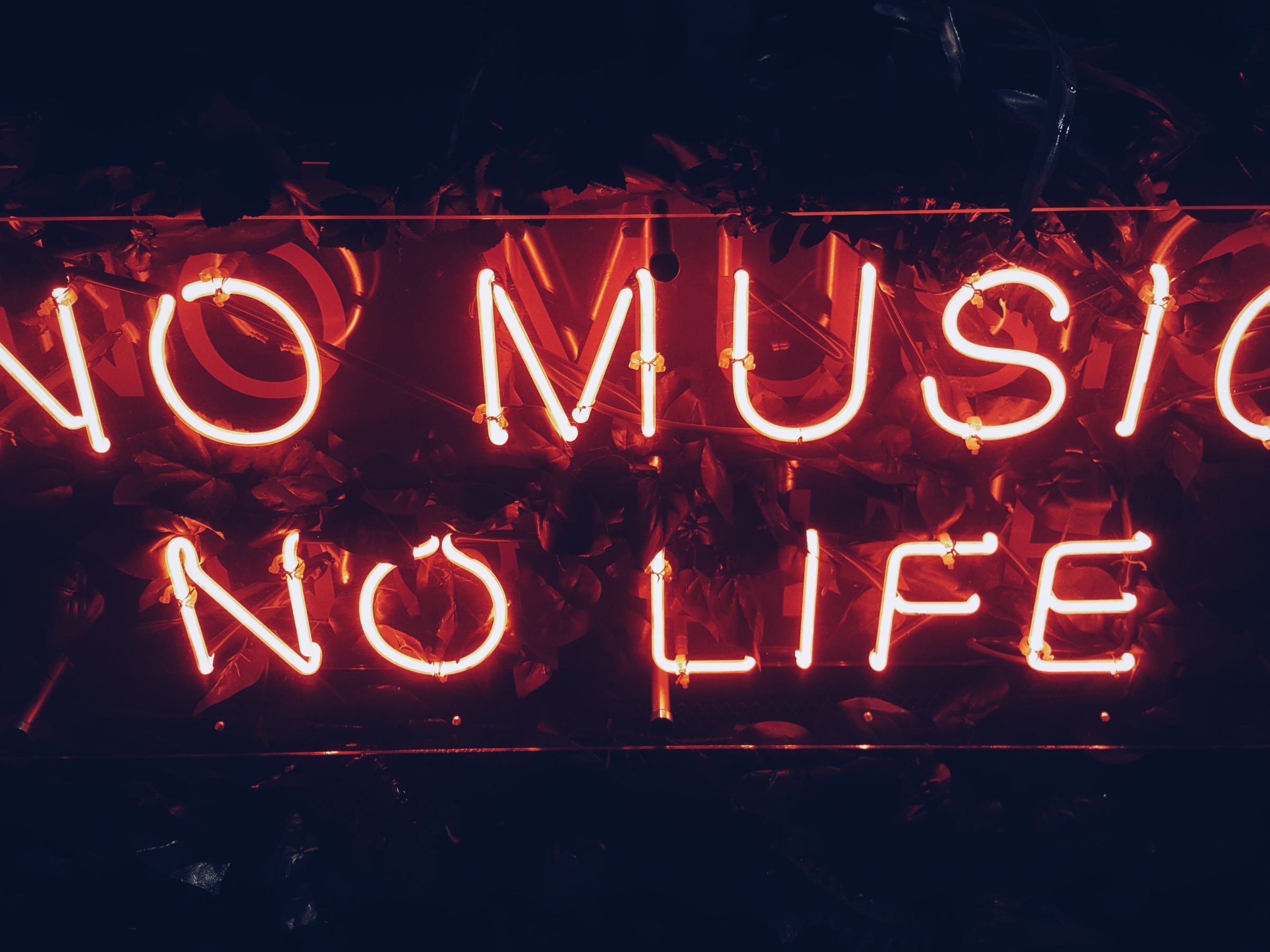 Semn neon pe care scrie „NO MUSIC NO LIFE”