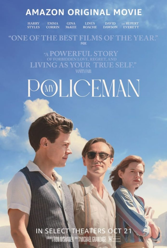 Posterul filmului My Policeman cu actorii principali: Harry Styles, Emma Corrin și David Dawson