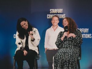 Lana Parrilla and Bex Mader at the Q&A panel with a cardboard Sean Maguire at the Enchanted 4 convention